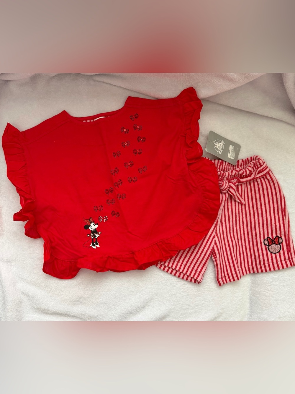 Disney Red Minnie Mouse Ruffle Tee with Red & White Striped Shorts (NWT)